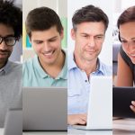 Collage of eight new alumni each working from home at their laptop or other device.