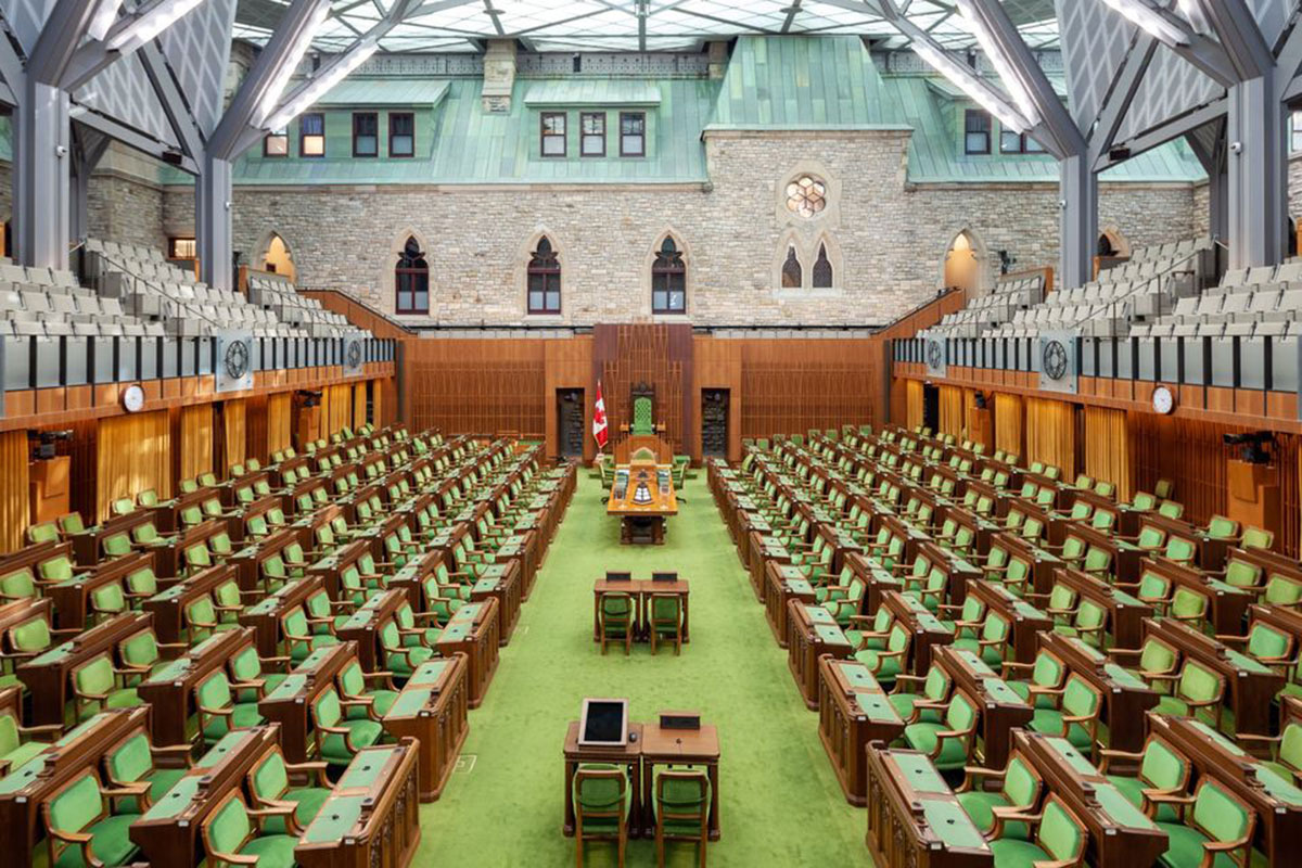 Photo shPhoto shows empty seats inside the House of Commons. // Image from Parliament of Canada/Facebook.