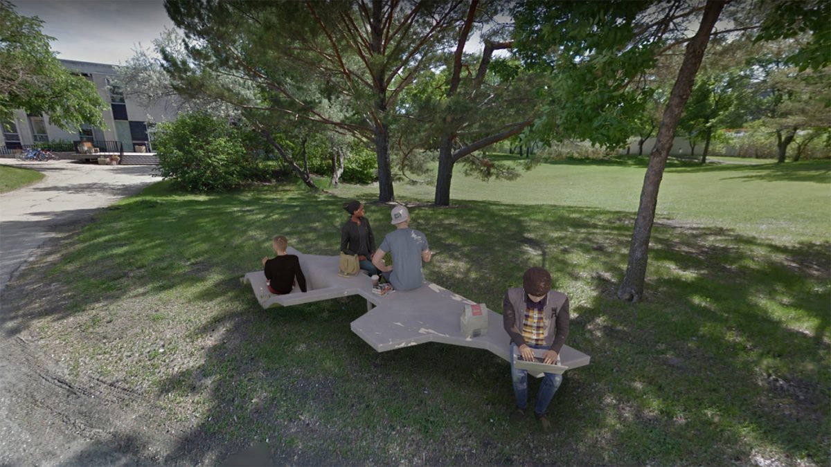 rendering of students sitting on a bench outside on campus