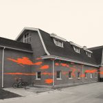 The U of M art barn, with graphic orange paint splatters on it.