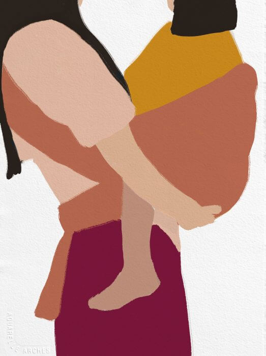 A calming illustration of a woman holding her child against her hip.