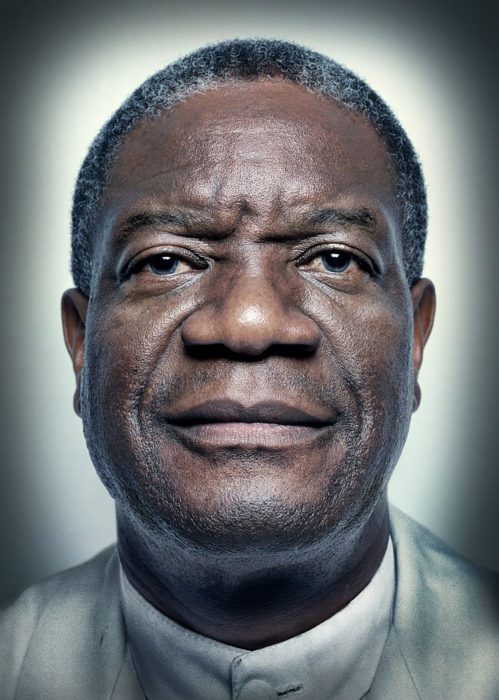 A headshot of Dr Mukwege, highlighting his face against a faded background.