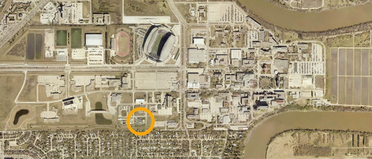 Aerial of Fort Garry Campus with the competition site marked
