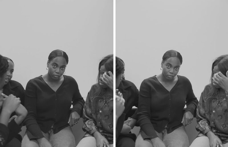 A woman stares directly at the camera in two separate frames in a diptych.