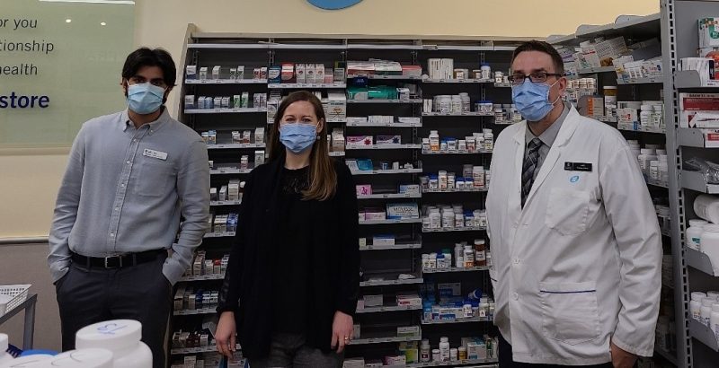 Preceptor and associate owner Erika Simpson and students Karn Chahal and James Pelletier stand in the Leila Shoppers Drug Mart. 