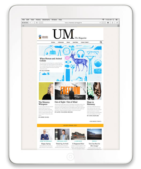 The 2021 Spring landing page of UM Today: the Magazine on a tablet background.