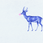 A deer blows a bubble while manmade objects appear all around it.