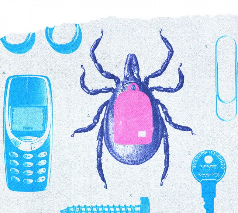 A blue and pink illustration of a tick wearing a backpack, surrounded by common objects: a key, a cellphone, etc.