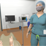 A computer generated graphic of a health-care professional standing in front of a patient in a hospital setting.