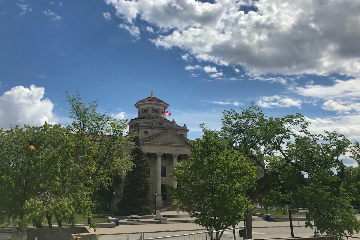 Admin building with flag at half mast