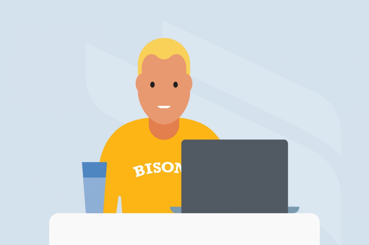 Illustration of a blond person wearing a yellow Bisons shirt working on a laptop.