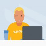 Illustration of a blond person wearing a yellow Bisons shirt working on a laptop.