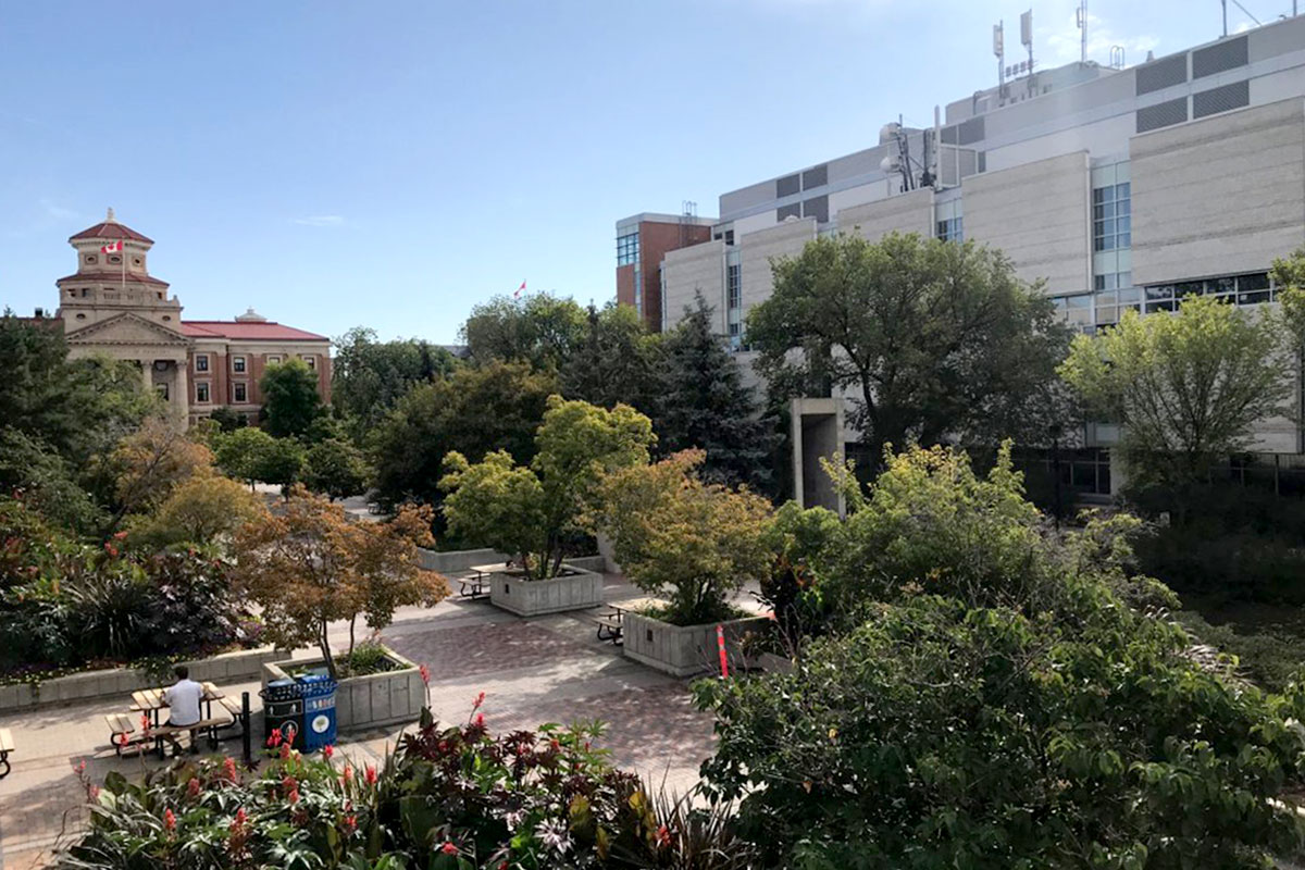 Fort Garry campus, looking along the pedway with Engineering and Admin buildings in sight.