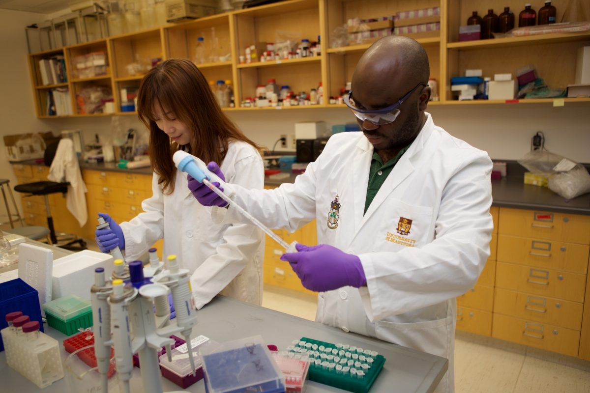 Two pharmacy graduate students working in a lab.
