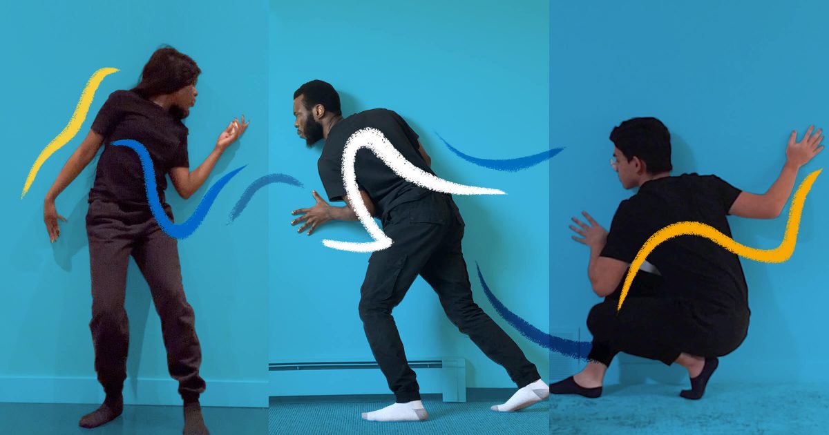Three people dance in an illustrative photographic image with lines drawn over their movements.