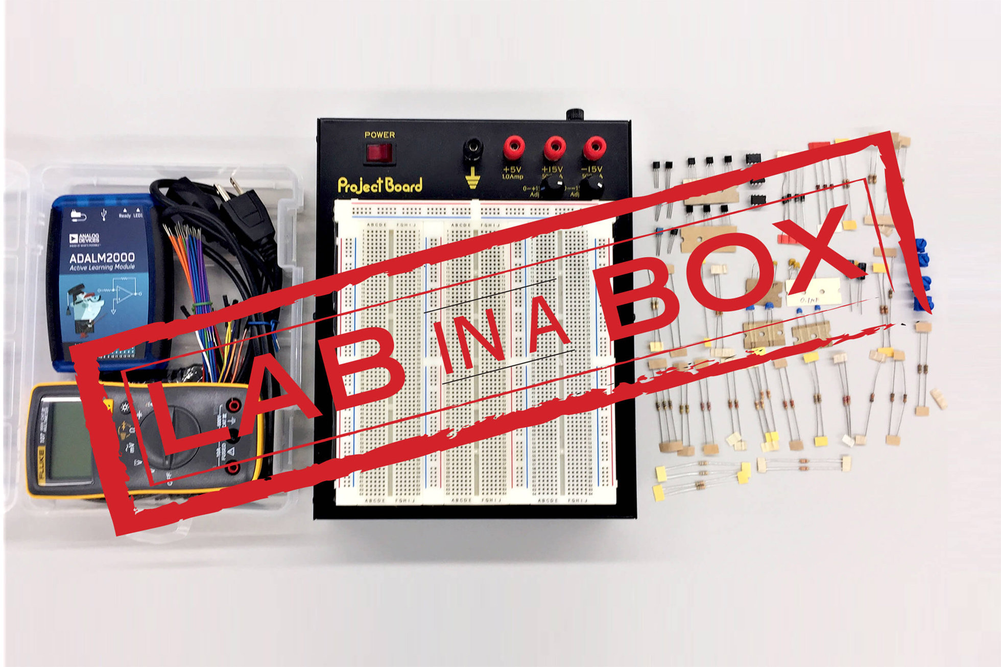 A photo of equipment in a box, with a red stamp over the image that reads lab in a box.