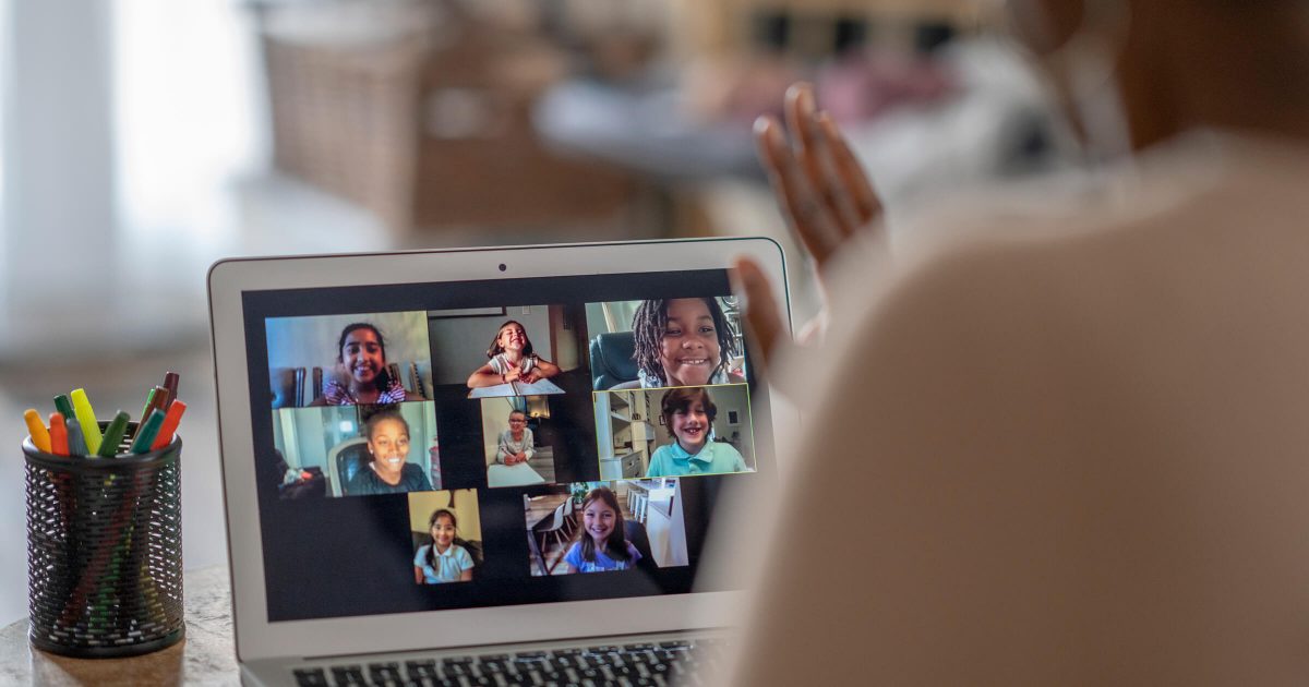 A person chats on a video call.