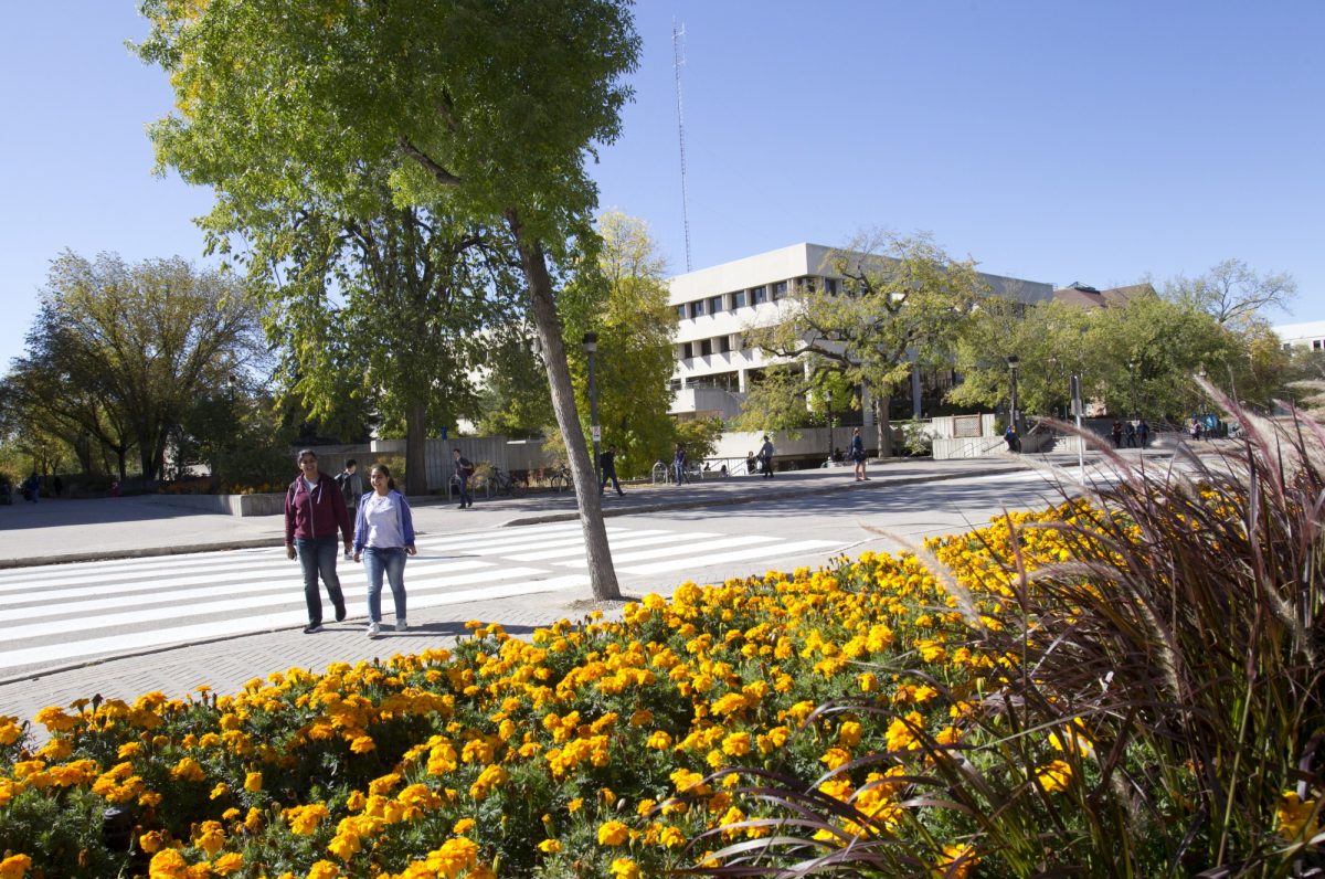 Students walking by University Centre with yellow flowers in the foreground