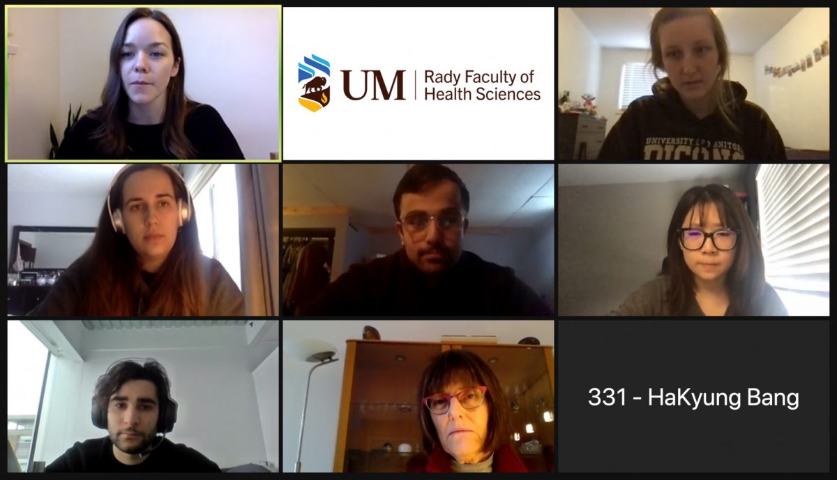 Six IPCC team members talk with a simulated patient on Zoom. Image features UM/Rady Faculty logo and name of a student, HaKyung Bang.