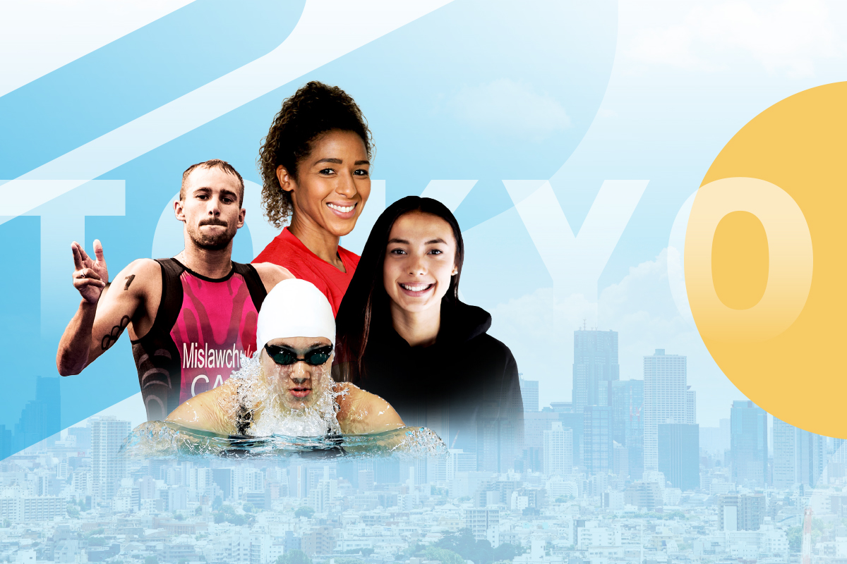 Graphic and collage of UM athletes going to Tokyo Olympic Games.
