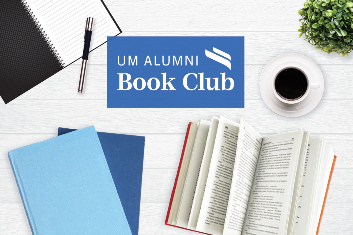 UM Alumni Book Club logo on a white background with images of open book and a cup of coffee