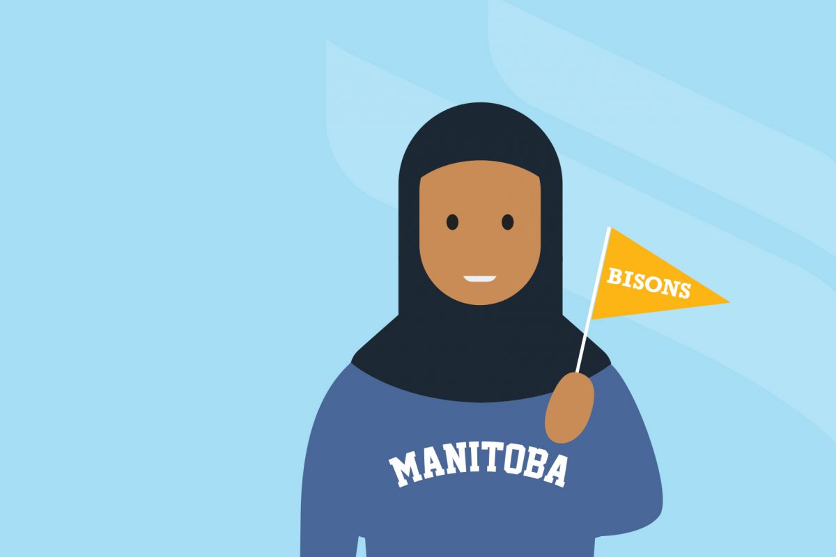 Illustration of a person wearing a blue Manitoba sweatshirt and a black head scarf. They are waving a yellow flag with BISONS on it in block letters.