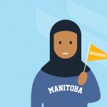 Illustration of a person wearing a blue Manitoba sweatshirt and a black head scarf. They are waving a yellow flag with BISONS on it in block letters.