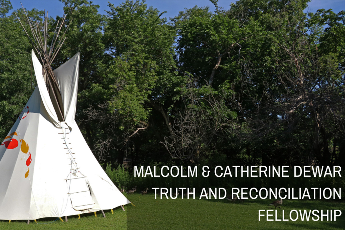 Teepee at the National Centre for Truth and Reconciliation, with text on image stating: Malcolm & Catherine Dewar Truth and Reconciliation Fellowship