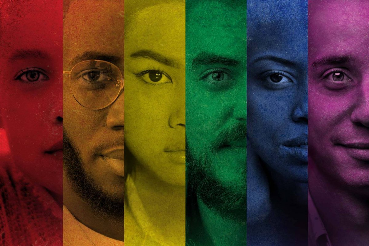 A collection of diverse faces portrayed in a rainbow.