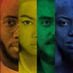 A collection of diverse faces portrayed in a rainbow.