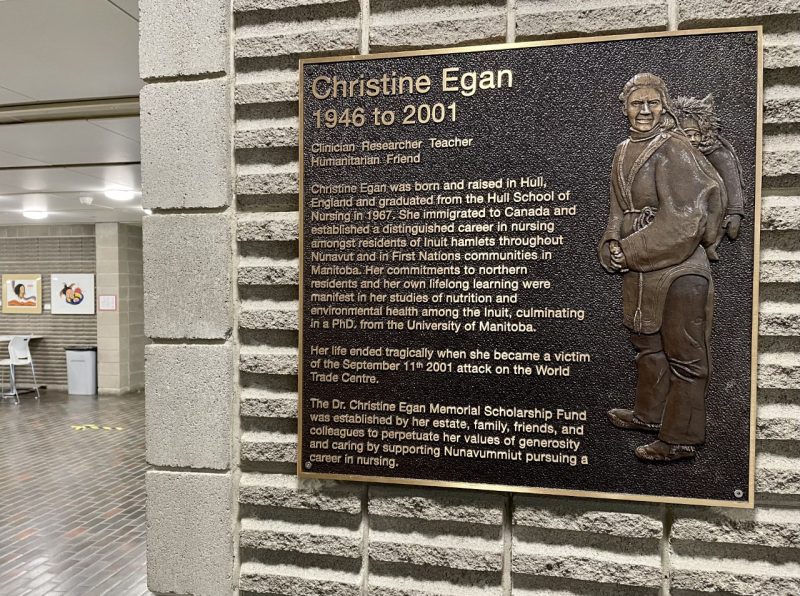 A plaque in Christine Egan's hnour on display at Bannatyne campus.