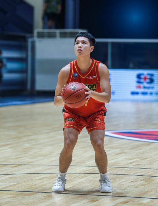 Binh Nguyen holds a basketball while preparing to take a shot.