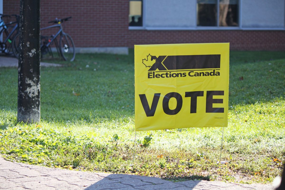 A yellow Elections Canada sign with the word VOTE on it in bold letters placed in the grass along a sidewalk.