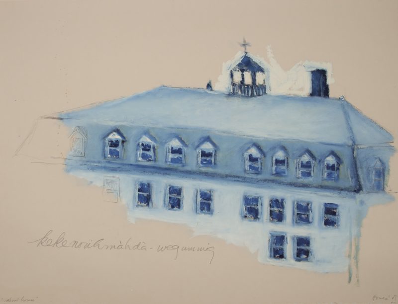 Robert Houle, schoolhouse from Sandy Bay Residential School Series, 2009, oil stick on paper. Collection of the School of Art Gallery. Acquired with funds from the York Wilson Endowment Award, the Canada Council for the Arts.