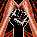 An illustration of a fist holding a battery in the style of old Soviet posters.