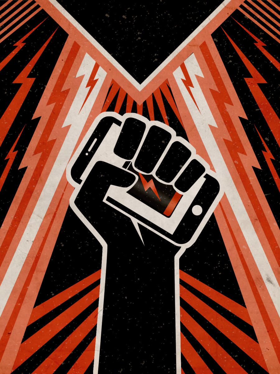 An illustration of a fist holding a battery in the style of old Soviet posters.
