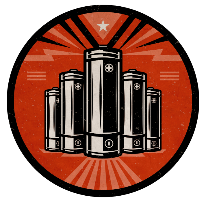 A circular illustration of a collection of batteries in the style of old Soviet posters.