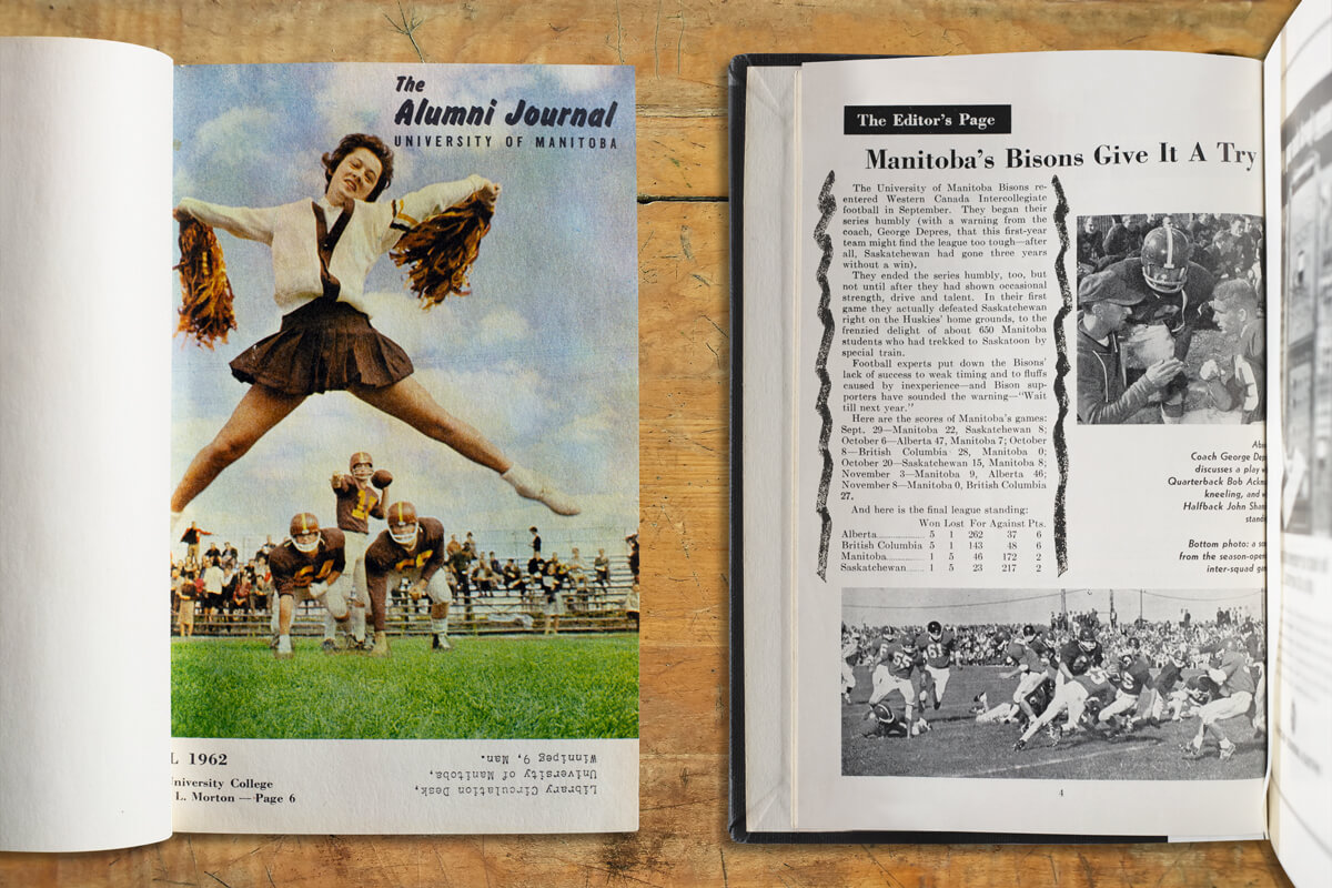 The cover of the 1962 Alumni Journal, featuring a cheerleader, and the editor's page about the Bisons football team.