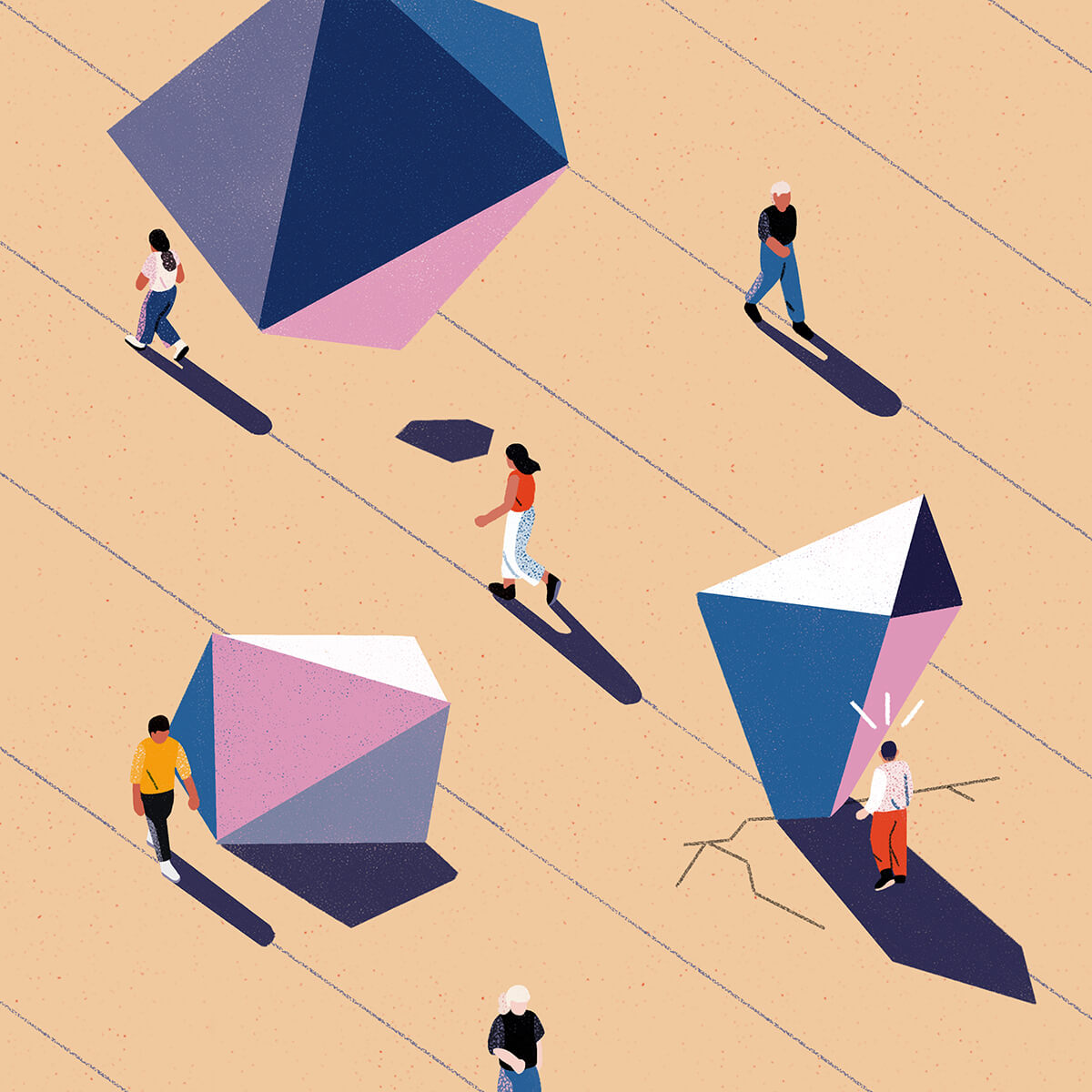 A vector illustration of a group of people surrounding diamond-shaped objects on the ground.