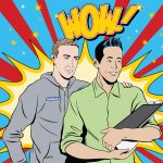 A pop comic illustration of Cheung and Mark Zuckerberg looking at and holding a tablet as if it were a human baby.