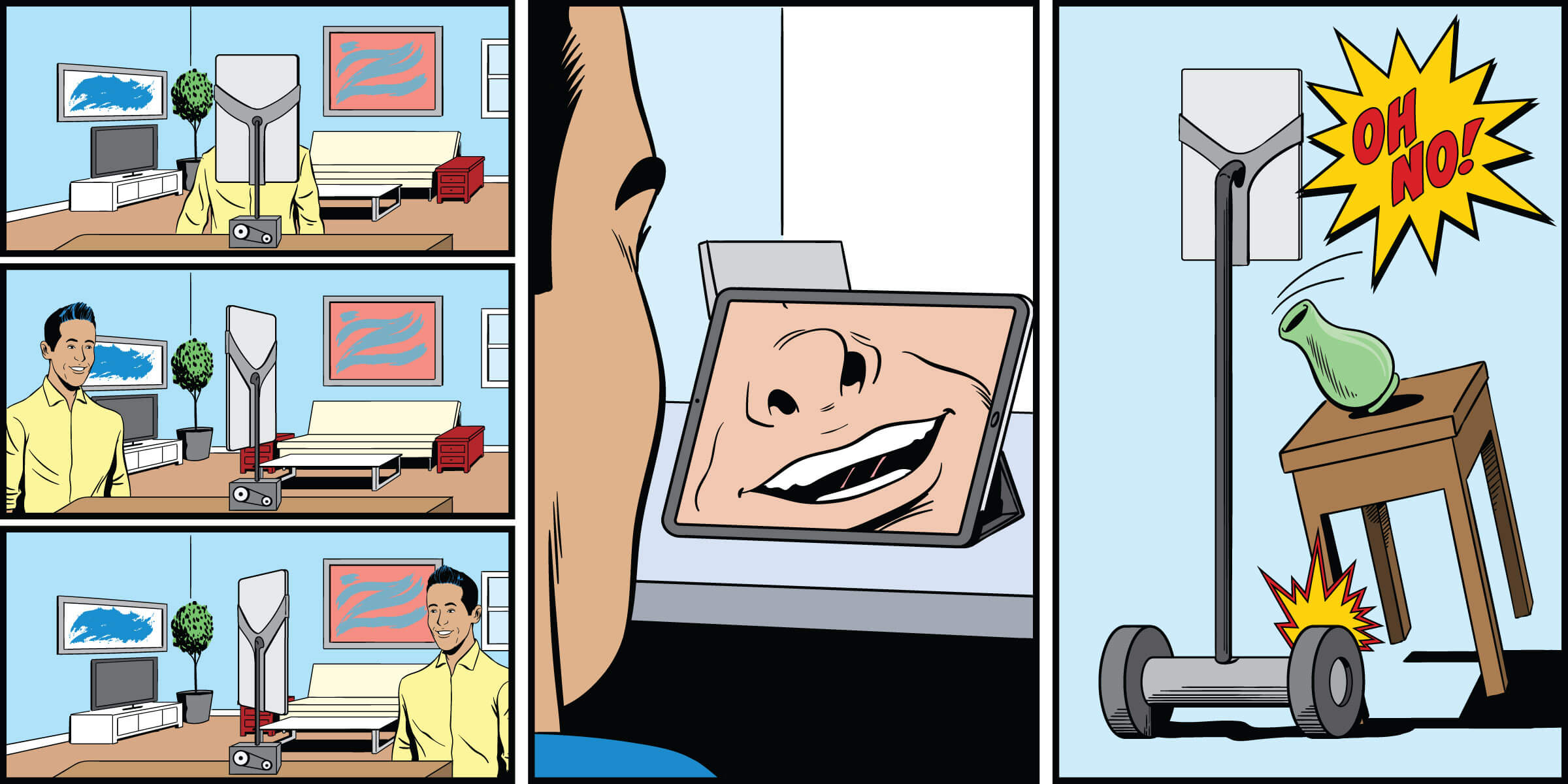 A pop comic illustration of a man interacting with a tablet in comedic ways.