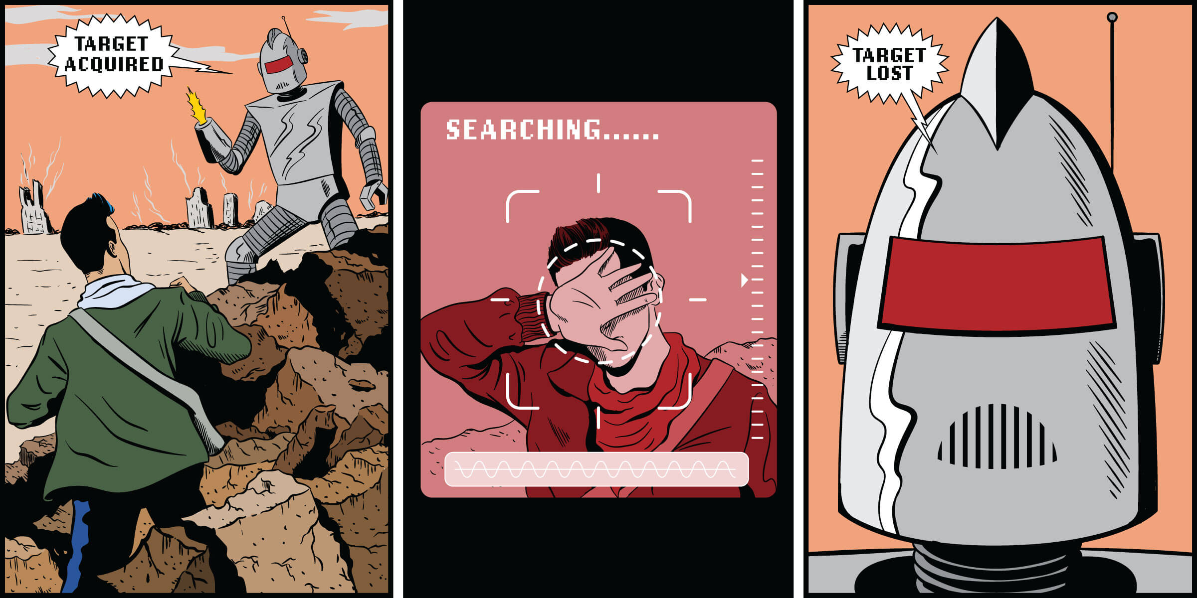 A pop comic illustration of a robot losing a human's facial recognition when the human places their hand in front of their face.