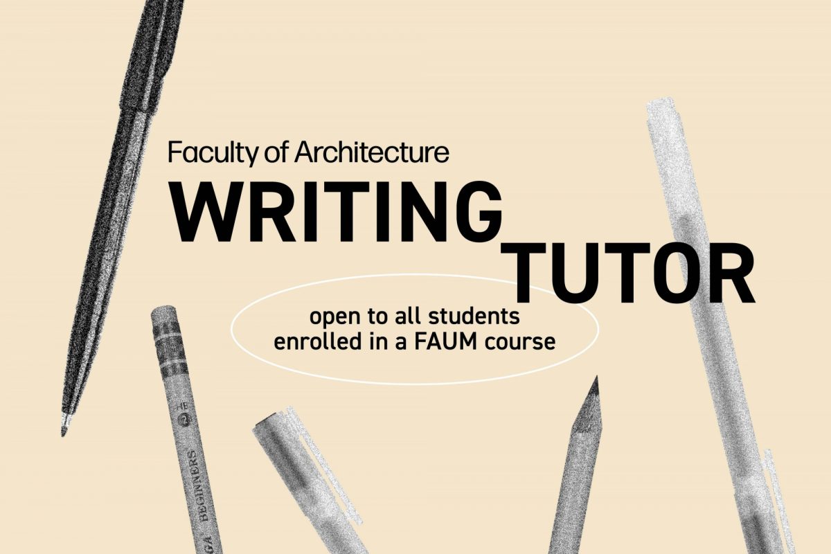 Beige image with pens and pencils reading: "Faculty of Architecture writing tutor."