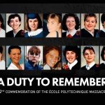 Two rows of images, seven in each row, with the faces of the victims of the montreal massacre. Below the rows in large white text against a black background reads "A Duty to Remember, 32nd Commemoration of the École Polytechnique massacre"