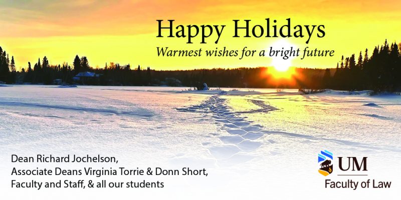 Holiday greetings with image of winter scene with footprints in snow leading off to a sunset