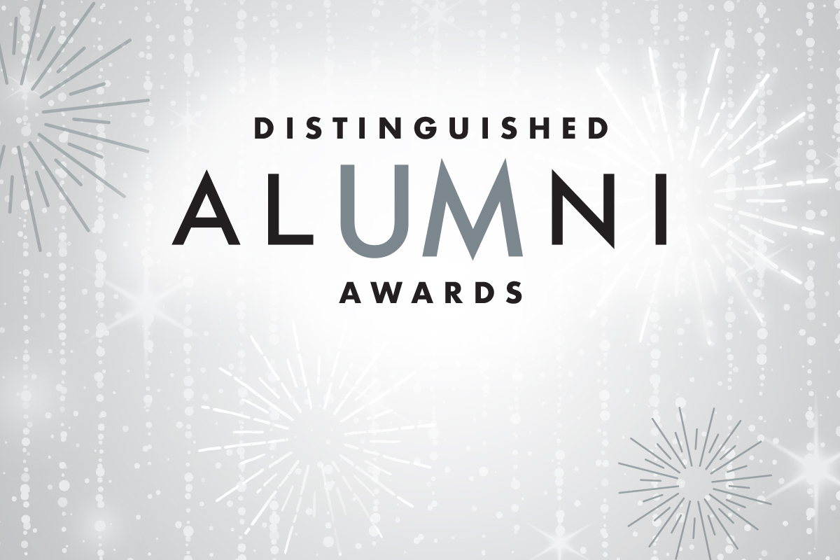 Graphic with grey background. Text reads: Distinguished Alumni Awards