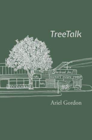 Book cover with a sketch drawing of a tree and building