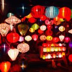Colourful Chinese lanterns at night.