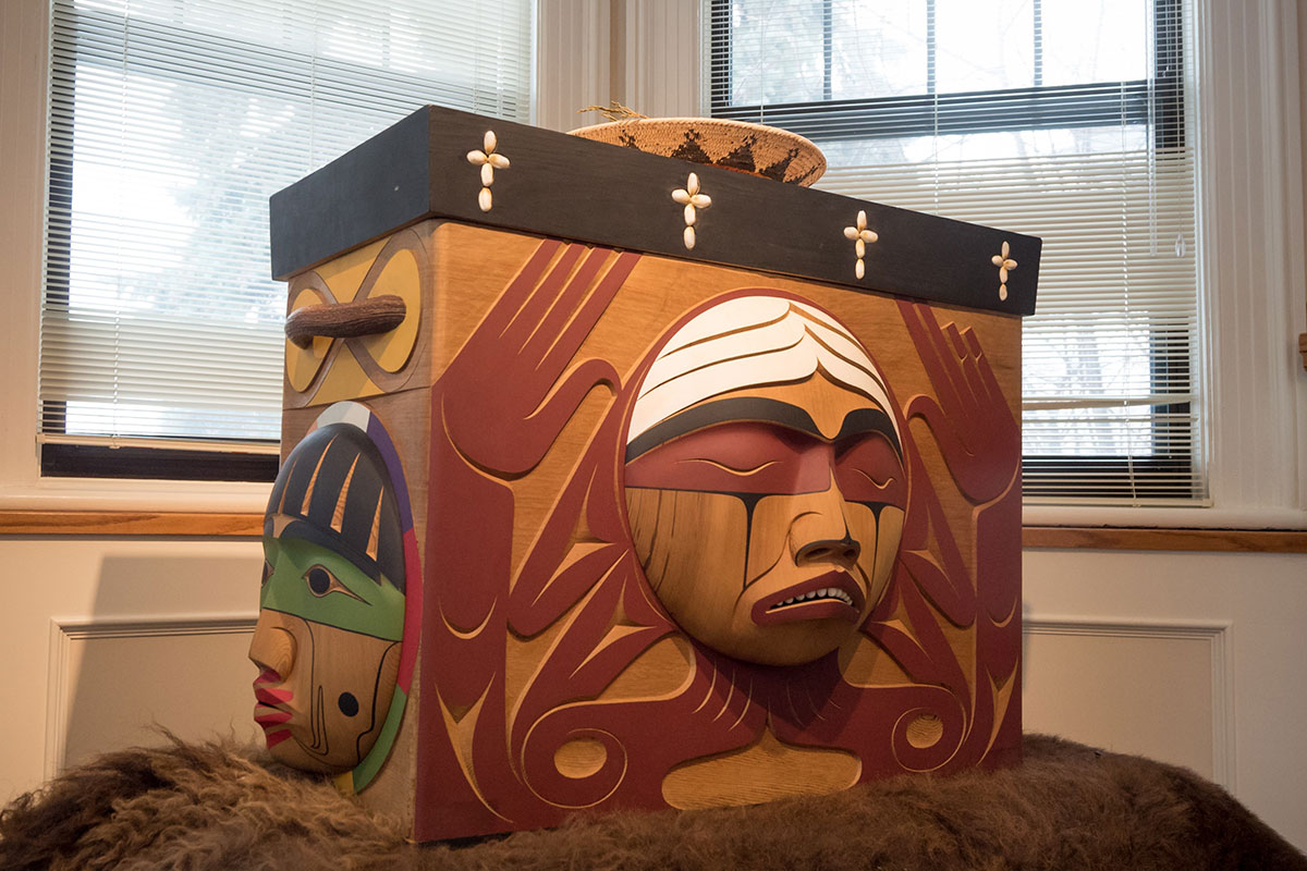 The Bentwood Box, which travelled with the TRC to all of its official events, is shown where it now resides at the National Centre for Truth and Reconciliation.