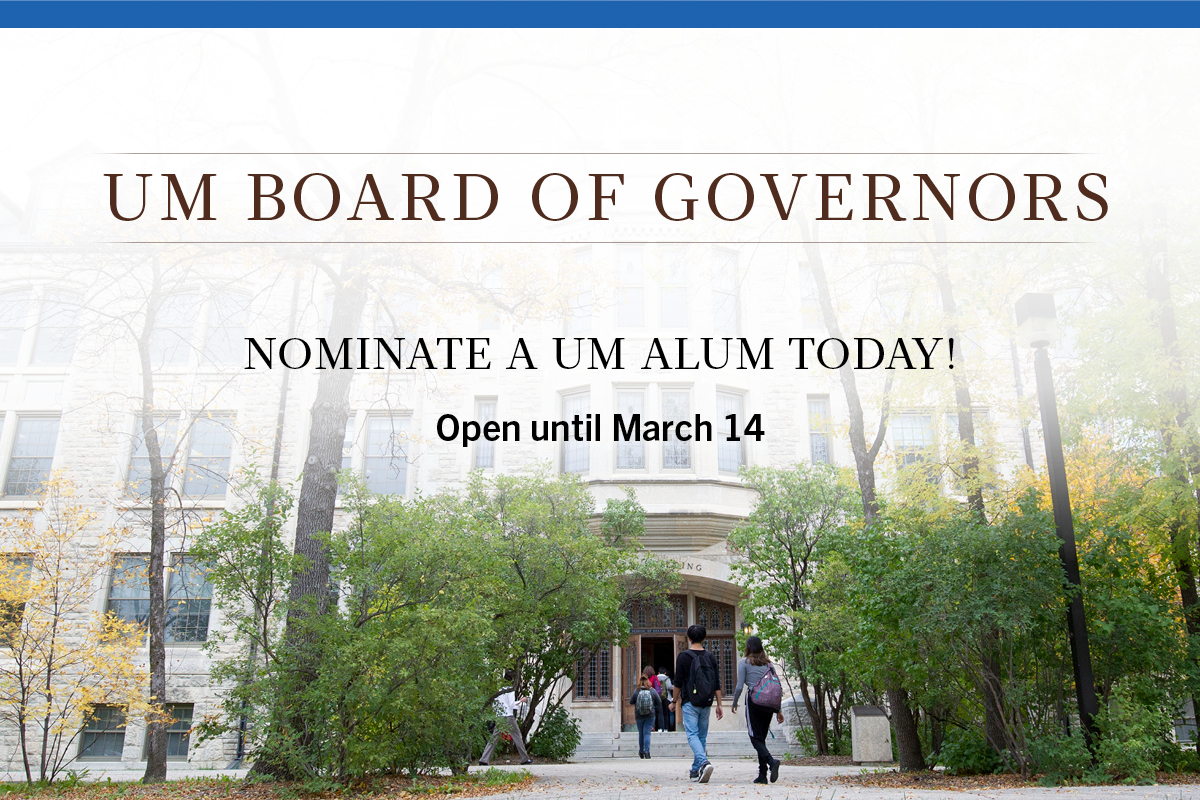 Text reads: UM Board of Governors election - nominate an alum today - open until March 14, 2022